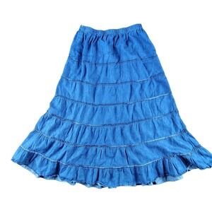 Metro Wear Blue Denim Tiered Midi Skirt Womens Small Boho Ruffle Cotton 28 Inch